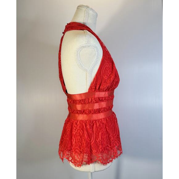 Bebe Lace Halter Peplum Top Poppy Red Women’s Small Plunge Satin Waist Y2K Party - Picture 4 of 16